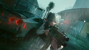 Rating: Safe Score: 15 Tags: 3d building car close dress frieren green_eyes gun pointed_ears rain sky sousou_no_frieren tree twintails water weapon white_hair yao_liao_wang User: lowhdeath