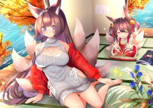 Rating: Safe Score: 60 Tags: 2girls akagi_(azur_lane) akagi-chan_(azur_lane) amagi_(azur_lane) animal_ears anthropomorphism autumn azur_lane barefoot bell blue_eyes breasts cleavage dress flowers foxgirl leaves loli long_hair multiple_tails ponytail putimaxi short_hair tail twintails water User: otaku_emmy