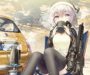 Rating: Safe Score: 75 Tags: car clouds cropped drink gray_eyes gun hat melonbooks nanaroku_(fortress76) original short_hair sky snow thighhighs weapon white_hair User: otaku_emmy