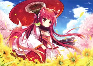 Rating: Safe Score: 111 Tags: animal animal_ears bird blush cherry_blossoms clouds flowers foxgirl japanese_clothes long_hair petals red_eyes red_hair scan scarf shiromochi_sakura sky tail umbrella User: RyuZU