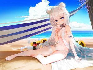 Rating: Safe Score: 182 Tags: anthropomorphism azur_lane barefoot beach blush clouds drink flowers gray_hair headphones leiq le_malin_(azur_lane) long_hair navel sky sunflower swimsuit water User: BattlequeenYume