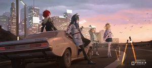 Rating: Safe Score: 97 Tags: animal animal_ears arknights bird blonde_hair blue_eyes blue_hair building car city clouds croissant_(arknights) exusiai_(arknights) group halo hood kryp132 logo long_hair orange_hair pantyhose red_hair scenic short_hair skirt sky sora_(arknights) sunset texas_(arknights) watermark wings wolfgirl User: mattiasc02