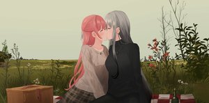 Rating: Safe Score: 119 Tags: 2girls chihuri405 flowers grass gray_hair kiss long_hair necklace original pink_hair shoujo_ai skirt sky yana_(chihuri) zoya_(chihuri) User: sadodere-chan