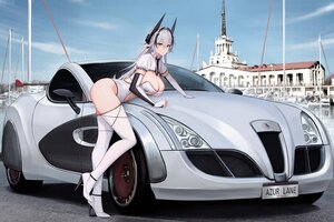 Rating: Safe Score: 40 Tags: anthropomorphism azur_lane breasts building car city elbow_gloves gloves gray_hair horns kcar66t kursk_(azur_lane) leotard long_hair red_eyes thighhighs User: S17